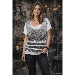 Y2K Daytrip Womens Beaded T-Shirt Large White Sequin Paisley Graphic Grunge Boho